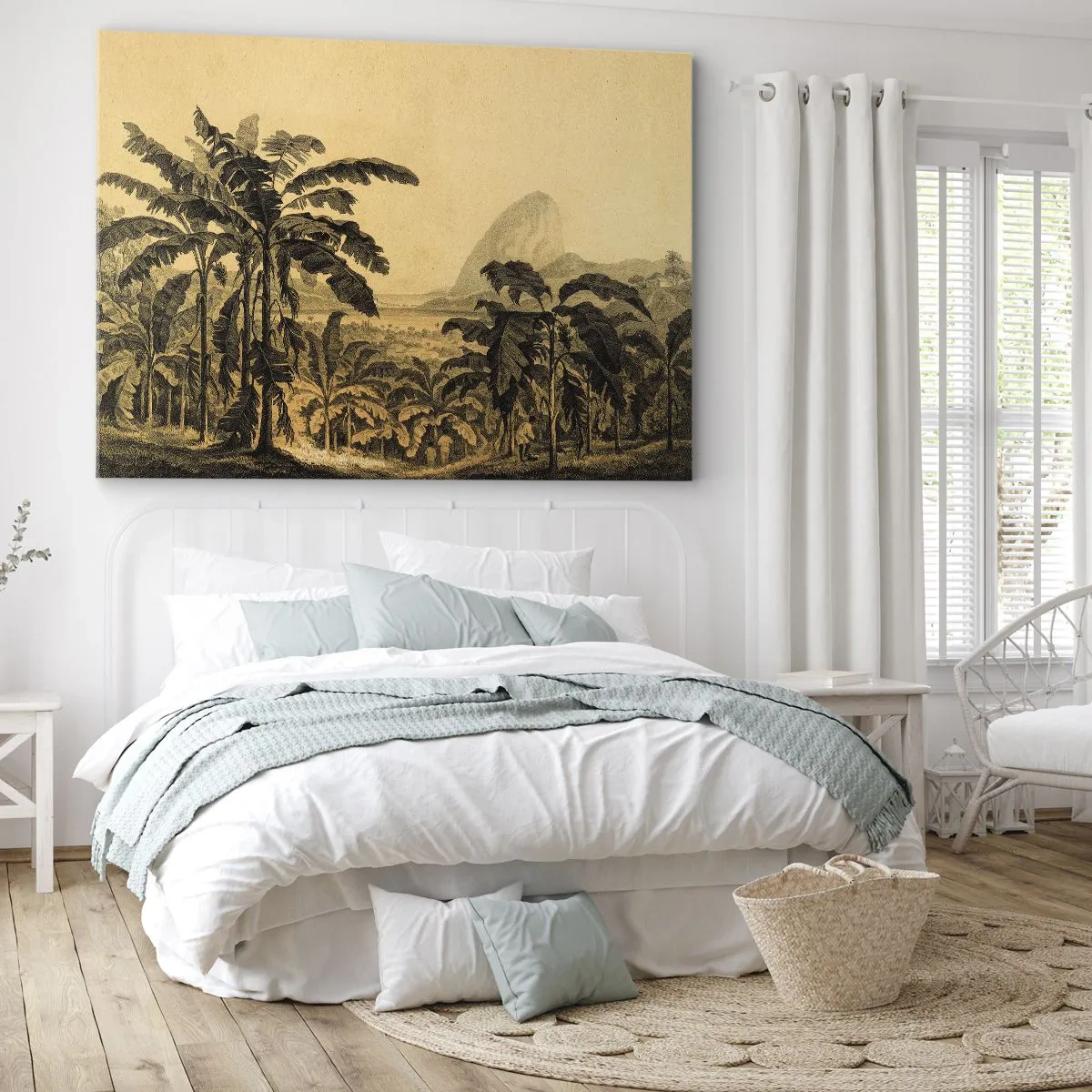Impression sur toile - Image sur toile - Dessin de bananiers sur fond de paysage tropical - 120x80cm - Dans un climat colonial - Décoration murale moderne pour le salon et la chambre ARTTOR