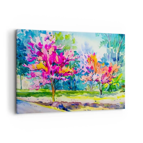 Impression sur toile - Image sur toile - Arbres colorés dans un parc dans un style aquarelle - 100x70cm - Jardin arc-en-ciel à la lumière du printemps - Décoration murale moderne pour le salon et la chambre ARTTOR