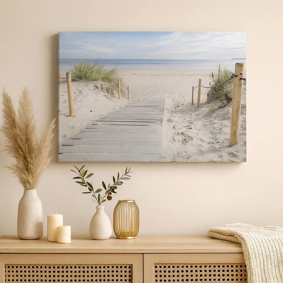 Impression sur toile - Image sur toile - Un chemin de planches menant à une plage de sable - 70x50cm - A l'horizon - Décoration murale moderne pour le salon et la chambre ARTTOR