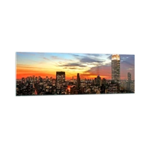 Impression sur verre - Image sur verre - Panorama de la ville avec des gratte-ciel illuminés au crépuscule - 160x50cm - Nuit américaine lumineuse - Décoration murale moderne pour le salon et la chambre ARTTOR