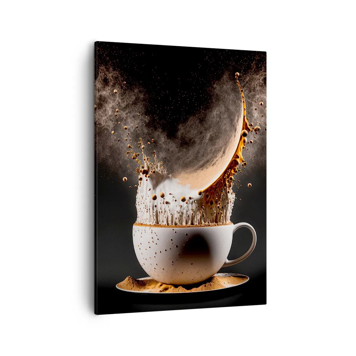 Impression sur toile - Image sur toile - Une tasse de café avec une explosion dynamique de liquide sur fond noir. - 50x70cm - Une explosion de saveur - Décoration murale moderne pour le salon et la chambre ARTTOR