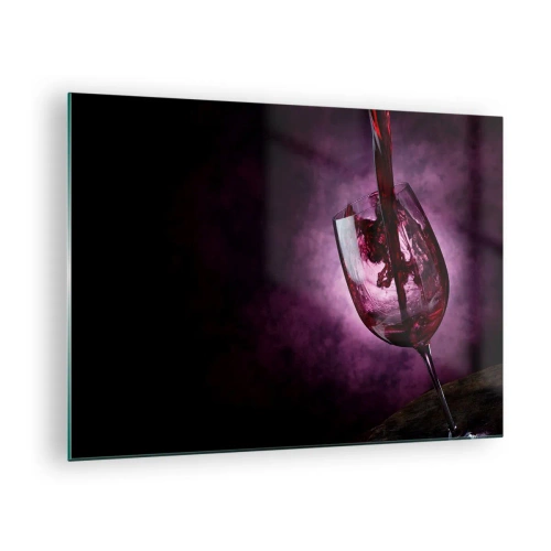 Impression sur verre - Image sur verre - Du vin rouge versé dans un verre sur un fond violet - 70x50cm - Écarlate? Carmin? Non, rubis. - Décoration murale moderne pour le salon et la chambre ARTTOR