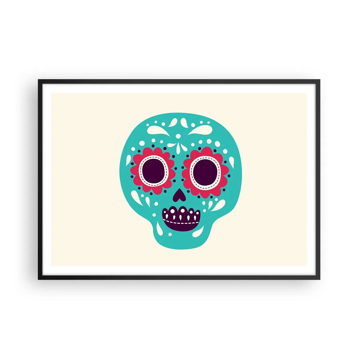 Affiche dans un cadre noir - Poster - Un crâne en sucre turquoise et violet inspiré de la culture mexicaine - 100x70cm - La vie – du plaisir jusqu'à la mort - Décoration murale moderne pour le salon et la chambre ARTTOR