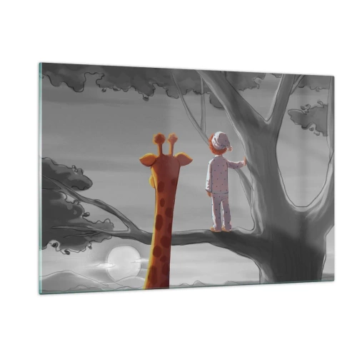 Impression sur verre - Image sur verre - Un enfant en pyjama et une girafe regardent le coucher de soleil depuis un arbre. - 120x80cm - Cela arrive vraiment - Décoration murale moderne pour le salon et la chambre ARTTOR