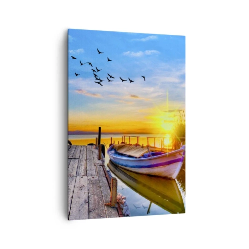 Impression sur toile - Image sur toile - Un bateau sur une jetée en bois au coucher du soleil - 70x100cm - Au revoir, à demain - Décoration murale moderne pour le salon et la chambre ARTTOR