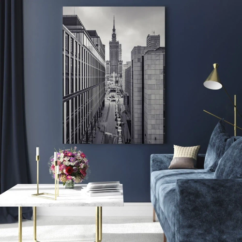 Impression sur verre - Image sur verre - Panorama de Varsovie avec vue sur le Palais de la Culture et les bâtiments environnants - 70x100cm - Vallée de Varsovie - Décoration murale moderne pour le salon et la chambre ARTTOR