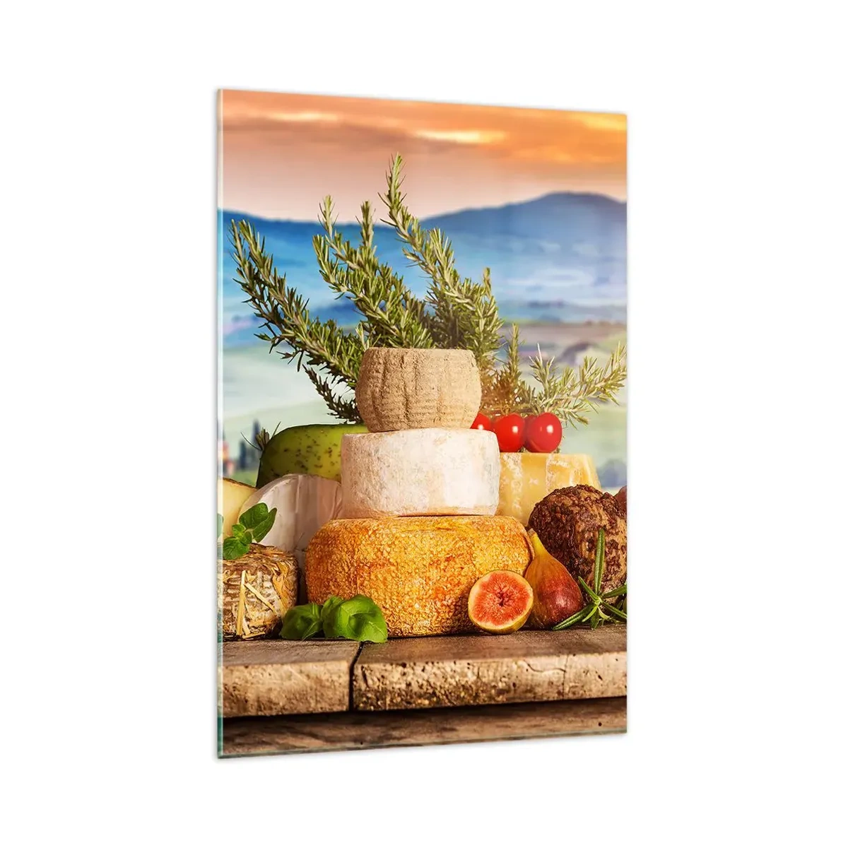 Impression sur verre - Image sur verre - Une composition de fromages et de fruits sur fond de paysage toscan - 80x120cm - La joie de vivre à l'italienne - Décoration murale moderne pour le salon et la chambre ARTTOR