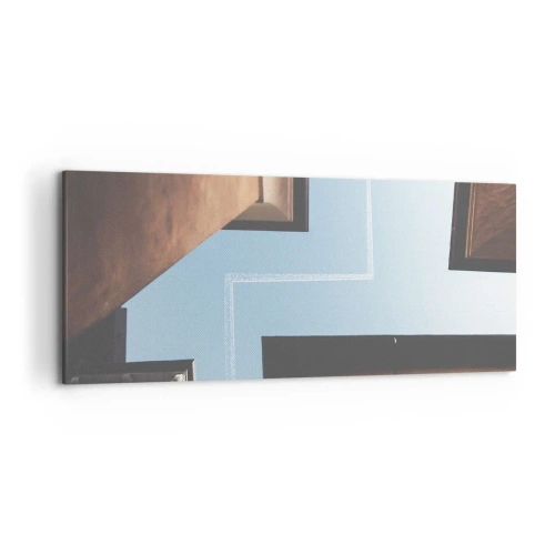 Impression sur toile - Image sur toile - Vue de l'avion et de sa traînée dans le ciel depuis une perspective de rue - 120x50cm - Au-dessus du labyrinthe de la ville - Décoration murale moderne pour le salon et la chambre ARTTOR