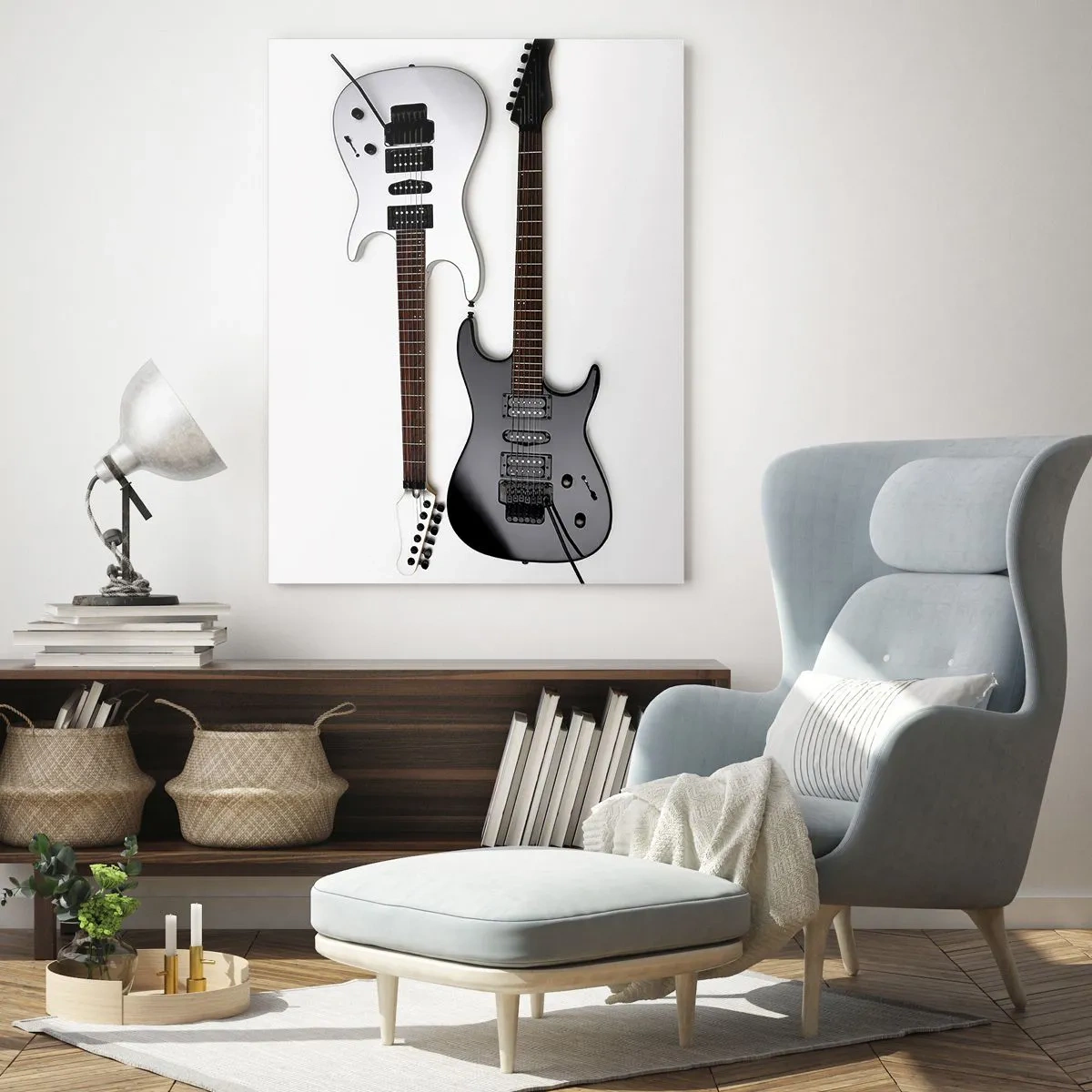Impression sur verre - Image sur verre - Deux guitares électriques en noir et blanc sur fond clair. - 80x120cm - Harmonie des formes - Décoration murale moderne pour le salon et la chambre ARTTOR