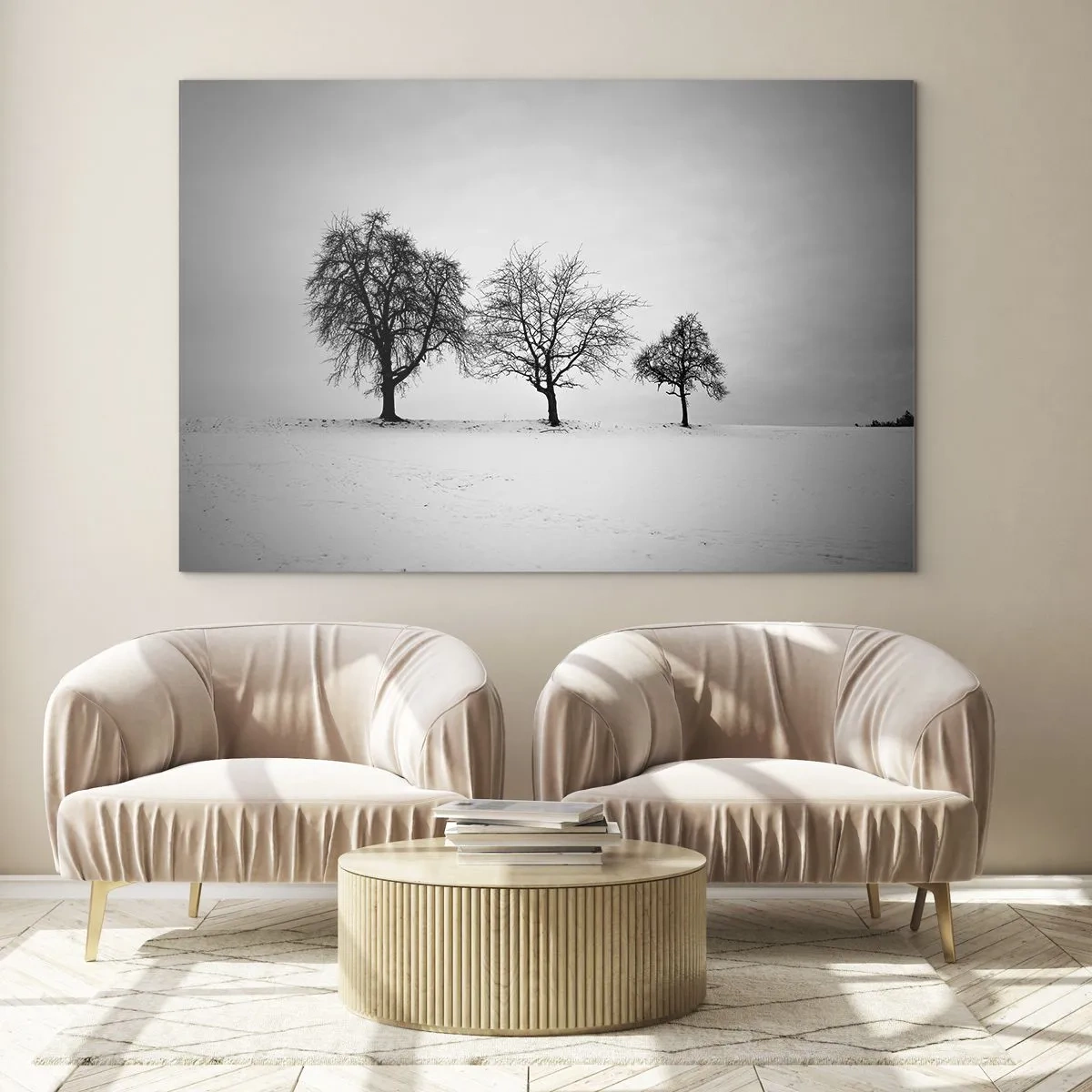 Impression sur verre - Image sur verre - Trois arbres solitaires dans une zone enneigée - 70x50cm - A quoi rêvent-ils? - Décoration murale moderne pour le salon et la chambre ARTTOR