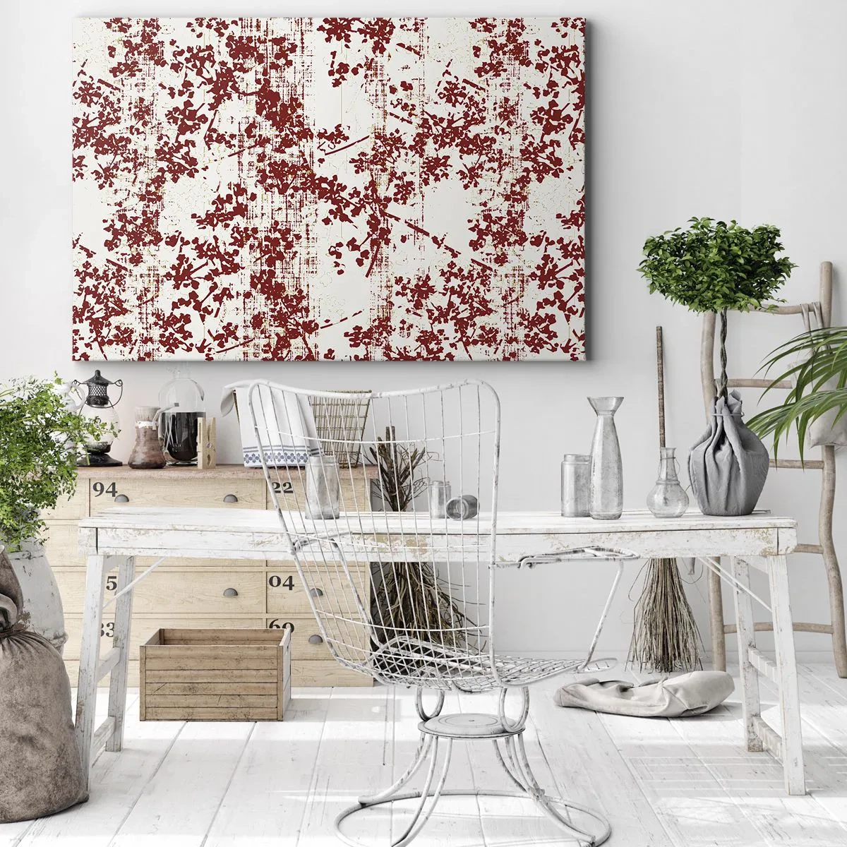Impression sur toile - Image sur toile - Fleurs rouges sur fond blanc dans un style artistique - 70x50cm - Comme un calicot ancien - Décoration murale moderne pour le salon et la chambre ARTTOR