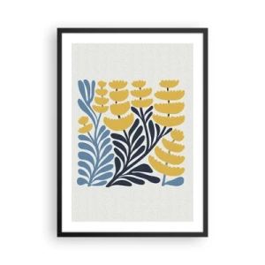 Affiche dans un cadre noir - Poster - Fleurs stylisées jaunes et bleu marine dans un style minimaliste - 50x70cm - Parterre de fleurs ensoleillé - Décoration murale moderne pour le salon et la chambre ARTTOR