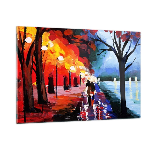 Impression sur verre - Image sur verre - Un couple se promenant dans un parc coloré le soir - 120x80cm - Automne flamboyant dans le parc - Décoration murale moderne pour le salon et la chambre ARTTOR
