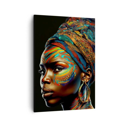 Impression sur toile - Image sur toile - Portrait d'une femme avec un motif coloré et un turban - 50x70cm - reine africaine - Décoration murale moderne pour le salon et la chambre ARTTOR