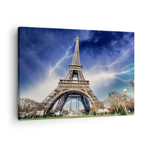 Impression sur toile - Image sur toile - La Tour Eiffel avec un ciel orageux et des éclairs en arrière-plan - 70x50cm - Maître des tempêtes - Décoration murale moderne pour le salon et la chambre ARTTOR