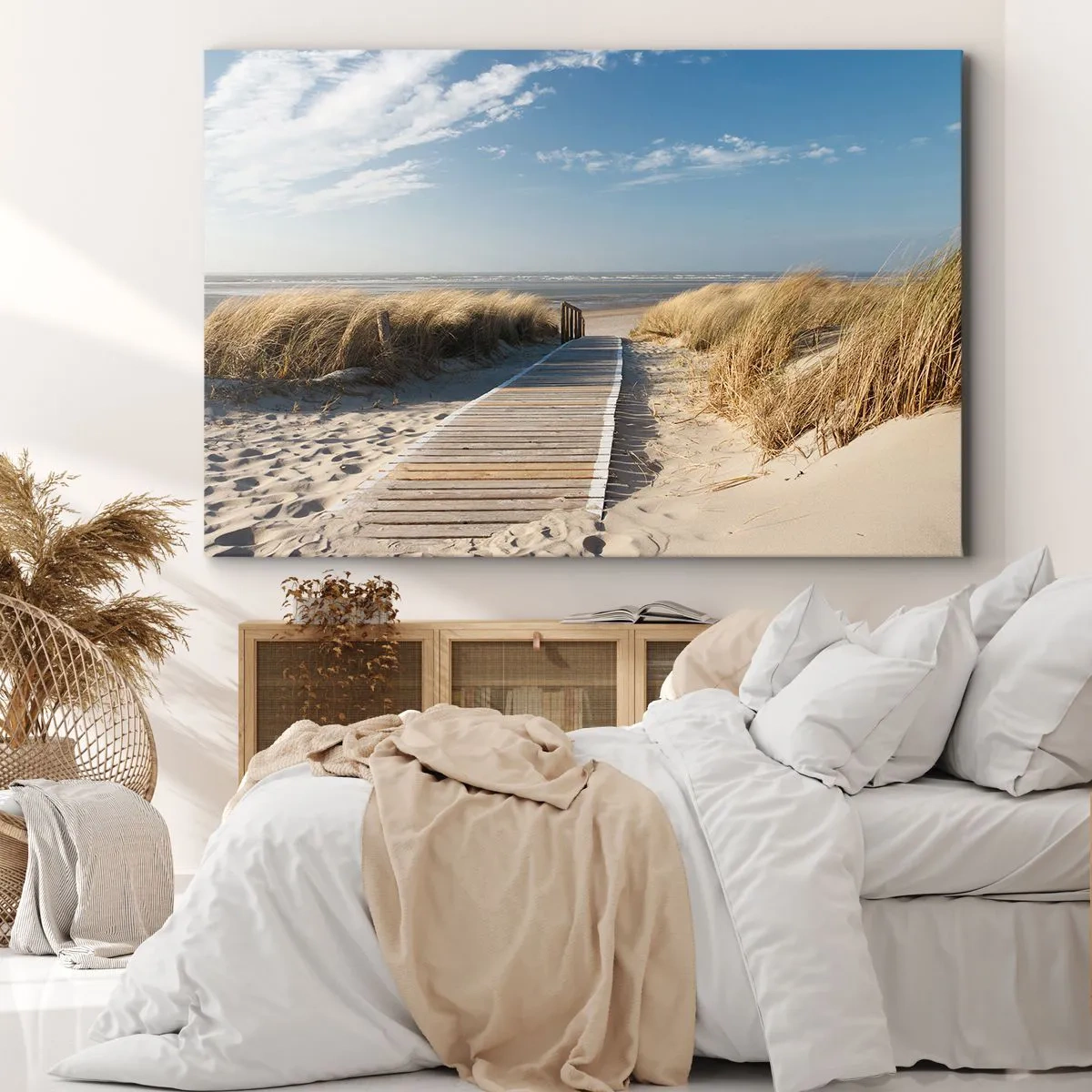 Impression sur toile - Image sur toile - Un chemin en bois mène à travers les dunes jusqu'à la mer calme - 120x80cm - Derrière la dune, dans le bruissement de l'herbe - Décoration murale moderne pour le salon et la chambre ARTTOR