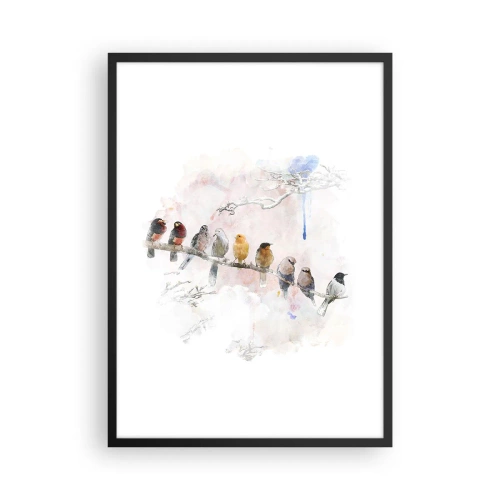 Affiche dans un cadre noir - Poster - Oiseaux assis sur une branche dans un style aquarelle - 50x70cm - Rencontre ailée - Décoration murale moderne pour le salon et la chambre ARTTOR