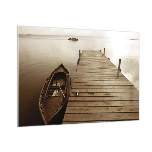 Impression sur verre - Image sur verre - Un bateau sur un quai sur un lac calme en sépia - 100x70cm - Le grand silence - Décoration murale moderne pour le salon et la chambre ARTTOR