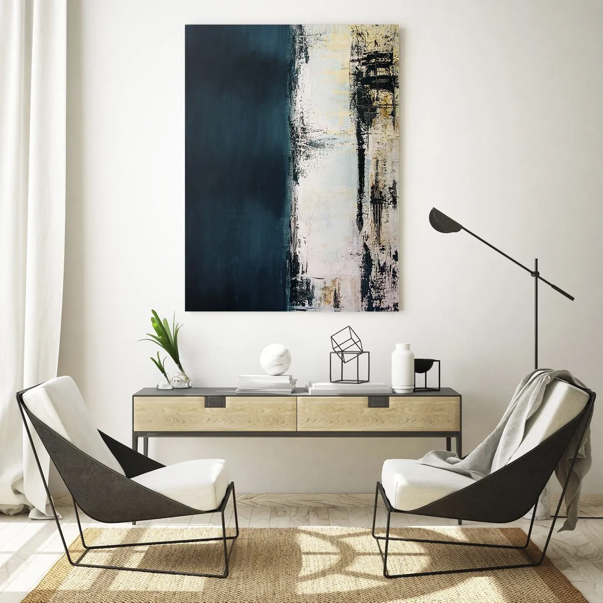 Impression sur verre - Image sur verre - Composition horizontale abstraite dans les tons bleu marine et blanc - 80x120cm - Composition horizontale - Décoration murale moderne pour le salon et la chambre ARTTOR