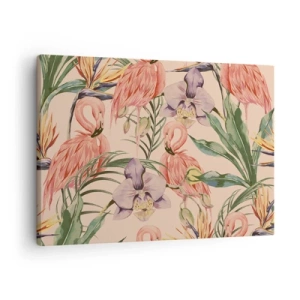 Impression sur toile - Image sur toile - Flamants roses et fleurs tropicales sur fond clair - 70x50cm - Ballet rose dans les fleurs - Décoration murale moderne pour le salon et la chambre ARTTOR