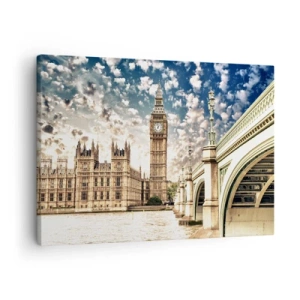 Impression sur toile - Image sur toile - Big Ben et le pont de Westminster illuminés par le soleil à Londres - 70x50cm - Nuages 