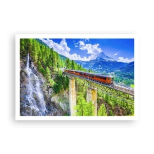 Affiche - Poster - Des montagnes russes sur un pont avec vue sur une cascade et des montagnes - 100x70cm - Train dans les Alpes - Décoration murale moderne pour le salon et la chambre ARTTOR
