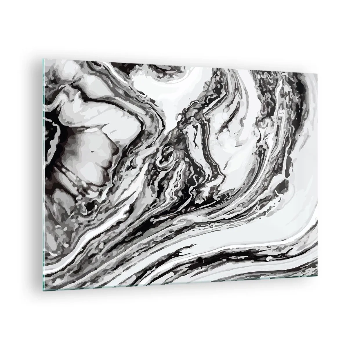 Impression sur verre - Image sur verre - Un motif abstrait dans des tons de noir et blanc ressemblant à des vagues. - 70x50cm - Au début, c'était le chaos - Décoration murale moderne pour le salon et la chambre ARTTOR
