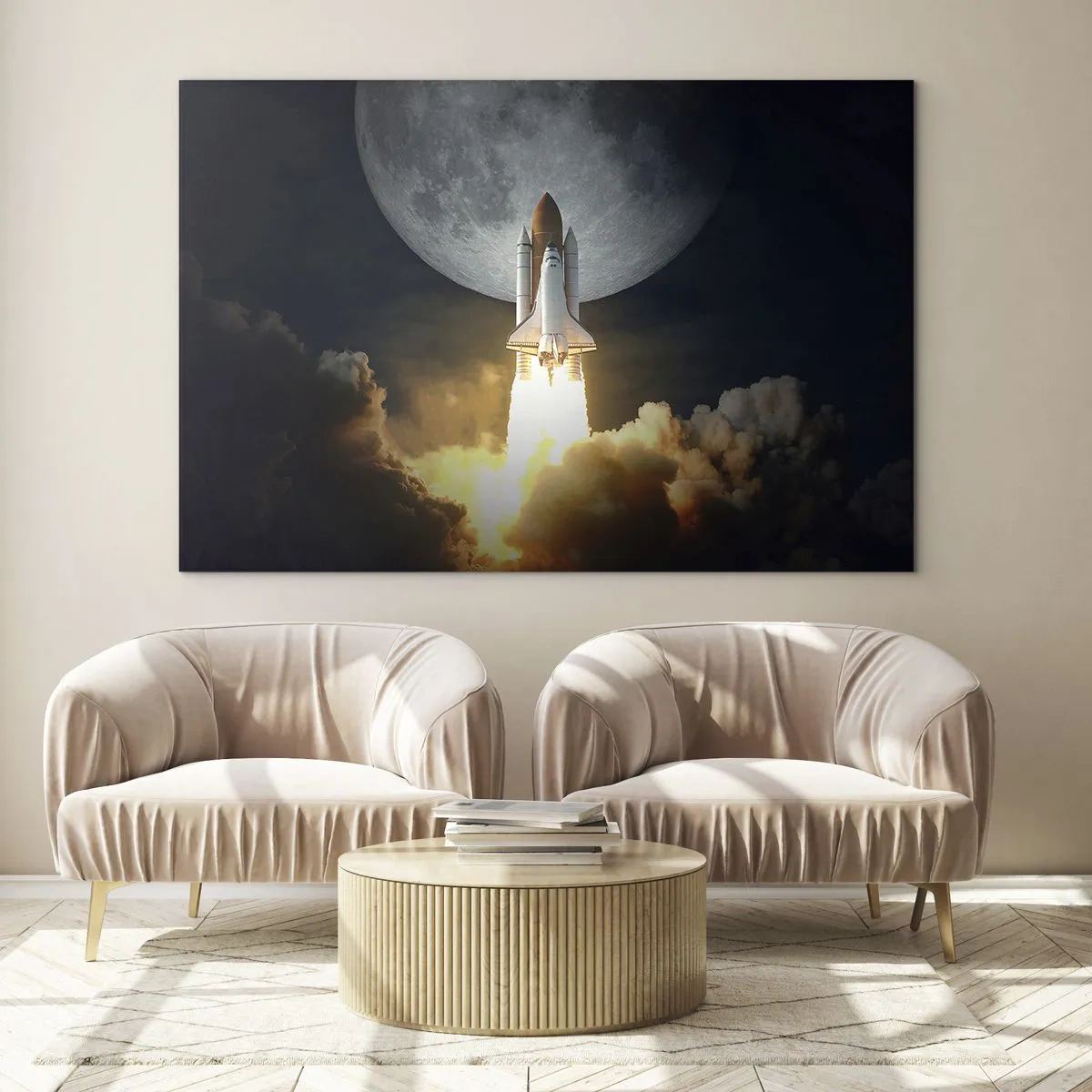 Impression sur verre - Image sur verre - Lancement d'une fusée spatiale avec en arrière-plan la lune et le ciel nocturne. - 120x80cm - Le début d'une aventure surnaturelle - Décoration murale moderne pour le salon et la chambre ARTTOR