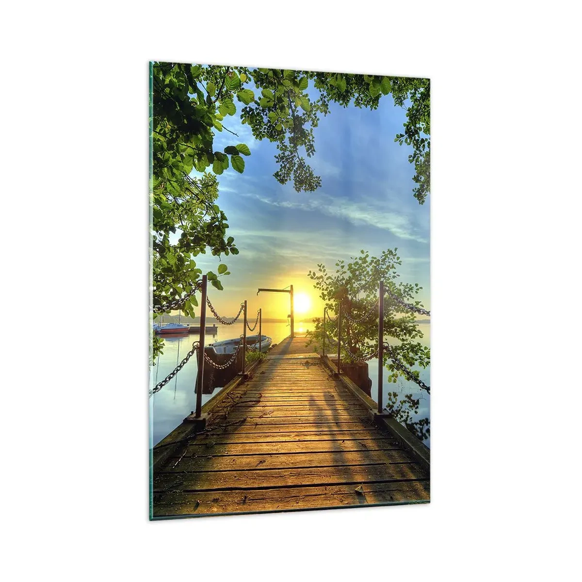 Impression sur verre - Image sur verre - Une jetée sur le lac dans les rayons du soleil couchant - 80x120cm - L'ouest au-dessus de l'eau - Décoration murale moderne pour le salon et la chambre ARTTOR