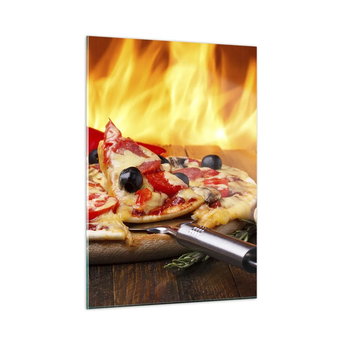 Impression sur verre - Image sur verre - Pizza aux olives sur fond de flammes - 50x70cm - From Italy with love - Décoration murale moderne pour le salon et la chambre ARTTOR
