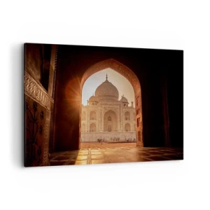 Impression sur toile - Image sur toile - Le Taj Mahal au soleil vu depuis l'arche de la porte - 120x80cm - Un monument à l'amour surnaturel - Décoration murale moderne pour le salon et la chambre ARTTOR