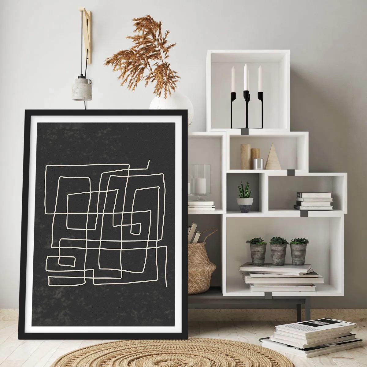 Affiche dans un cadre noir - Poster - Abstraction géométrique sur fond noir - 50x70cm - Pas aussi simple - Décoration murale moderne pour le salon et la chambre ARTTOR