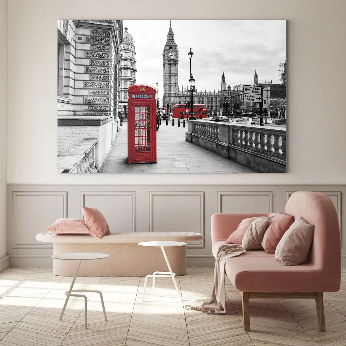 Impression sur verre - Image sur verre - Londres en noir et blanc avec une cabine téléphonique rouge et un bus - 120x80cm - Sans aucun doute Londres - Décoration murale moderne pour le salon et la chambre ARTTOR
