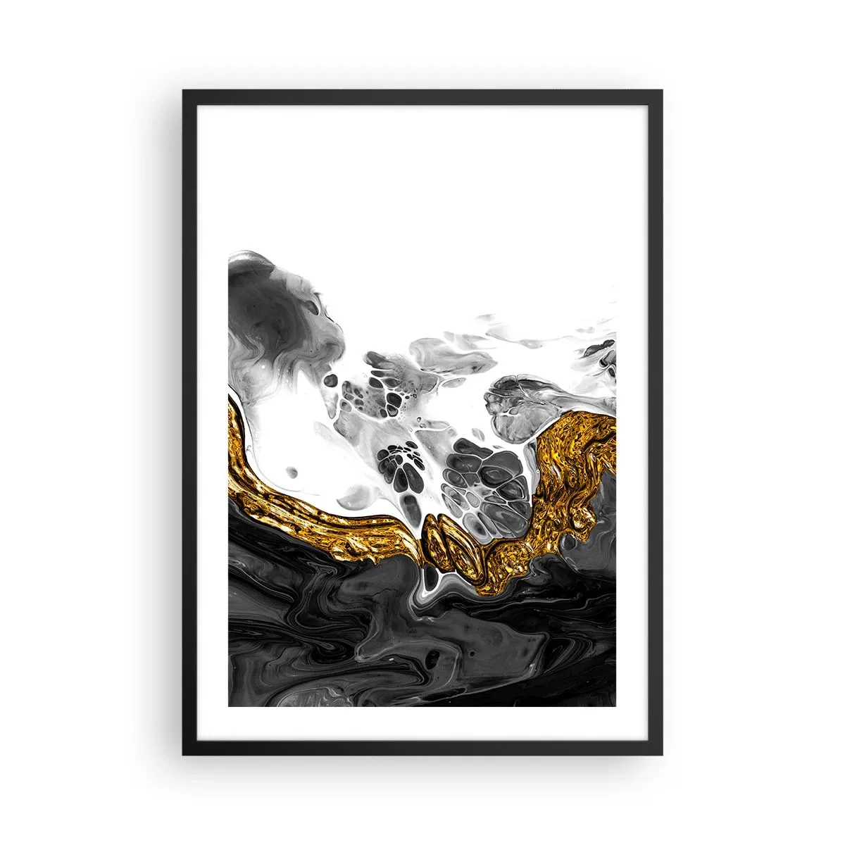 Affiche dans un cadre noir - Poster - Composition abstraite de noir, blanc et or - 50x70cm - Composition organique - Décoration murale moderne pour le salon et la chambre ARTTOR