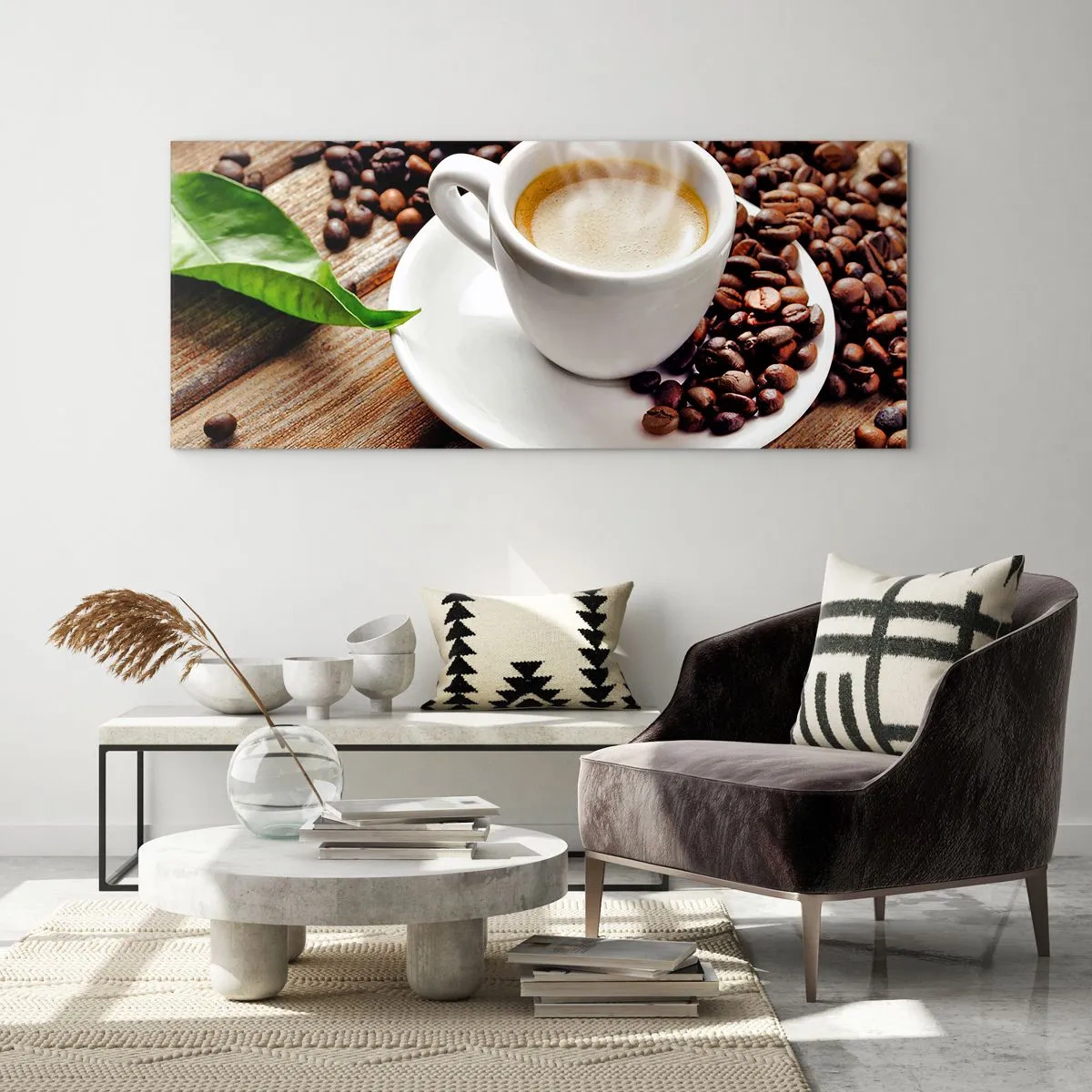 Impression sur verre - Image sur verre - Café sur un banc - 100x40 cm