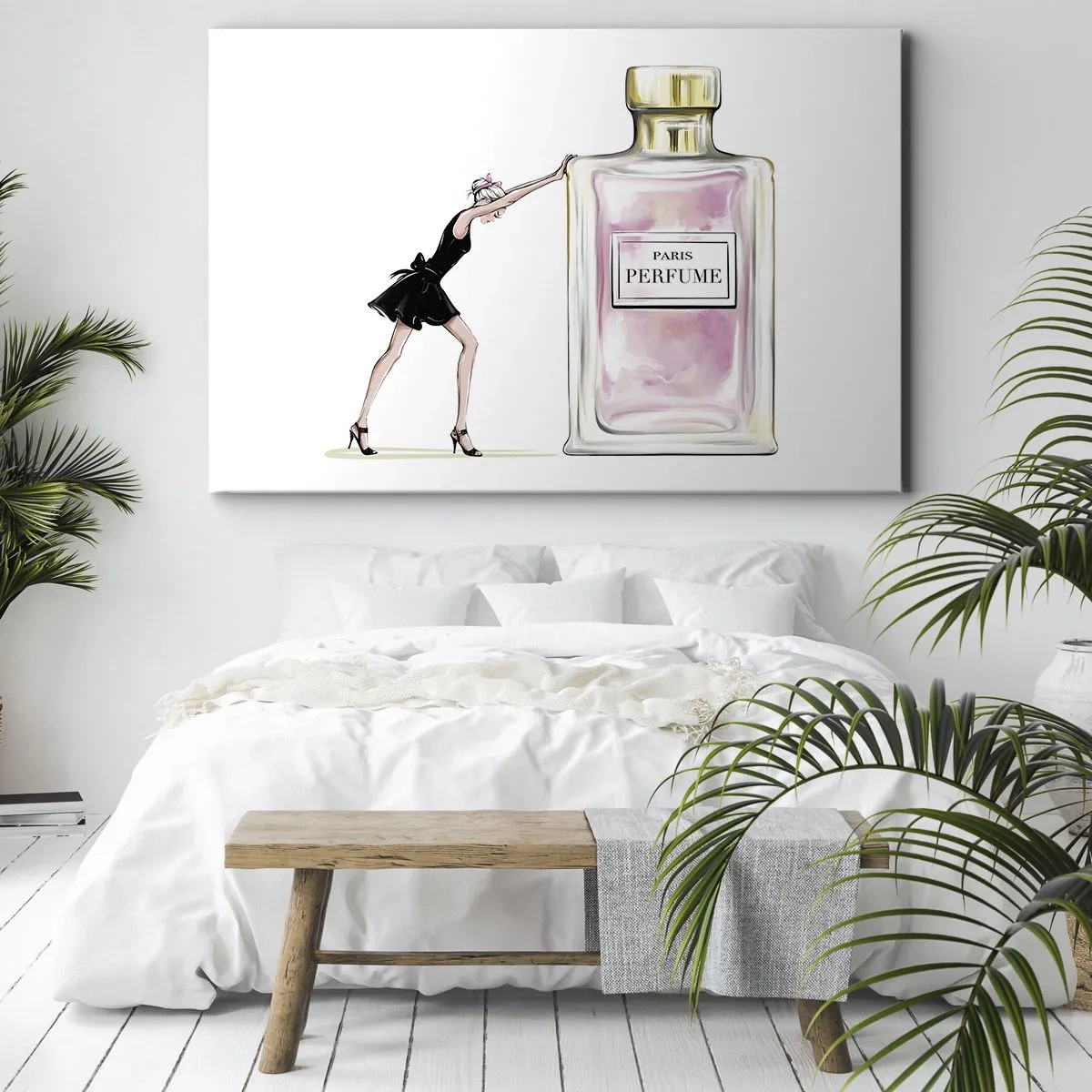 Impression sur toile - Image sur toile - Une femme en robe noire à côté d'un flacon de parfum - 120x80cm - L'essence des femmes - Décoration murale moderne pour le salon et la chambre ARTTOR