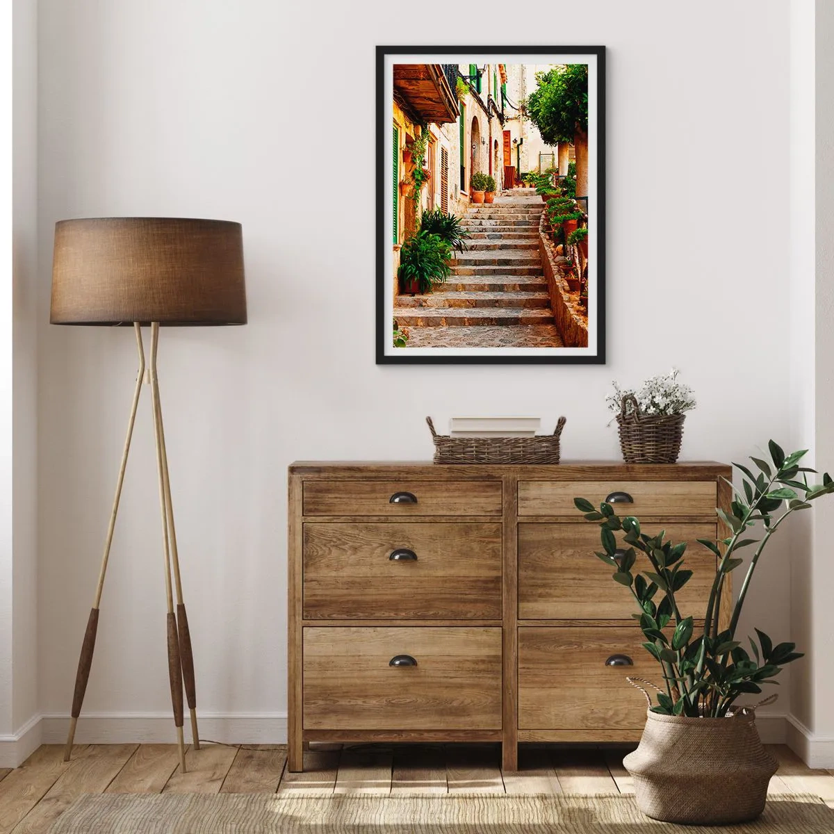 Affiche dans un cadre noir - Poster - Le charme d'une rue méditerranéenne - 50x70cm - Le charme des vacances espagnoles - Décoration murale moderne pour le salon et la chambre ARTTOR