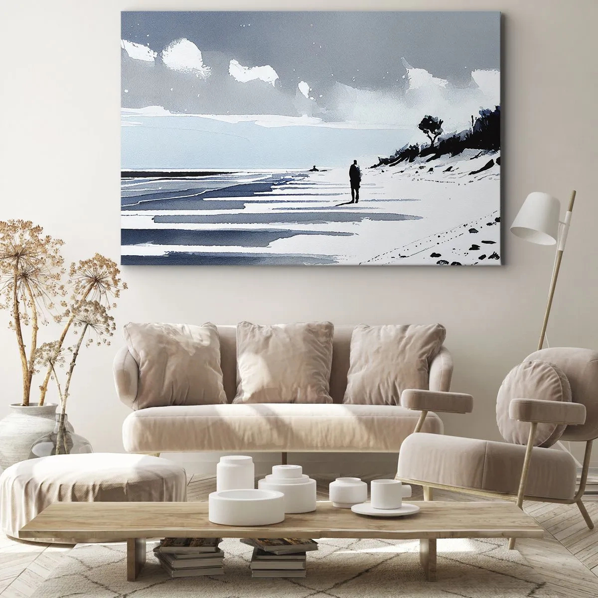 Impression sur toile - Image sur toile - Une silhouette solitaire marchant sur une plage déserte - 120x80cm - Seul à seul - Décoration murale moderne pour le salon et la chambre ARTTOR