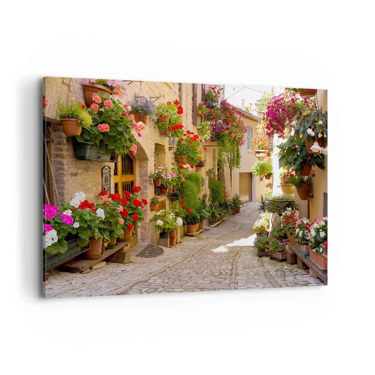 Impression sur toile - Image sur toile - Une rue avec des pots de fleurs et des murs de pierre - 100x70cm - Une inondation de fleurs - Décoration murale moderne pour le salon et la chambre ARTTOR
