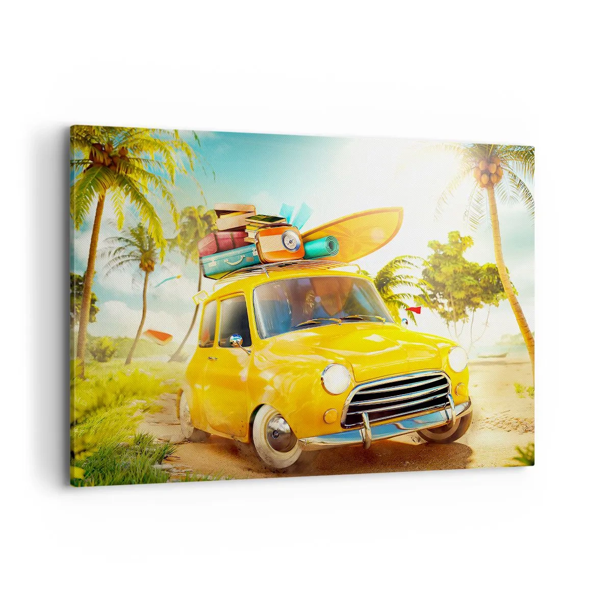 Impression sur toile - Image sur toile - Une voiture jaune avec des bagages dans un paysage tropical - 120x80cm - Un voyage pour plus d'un sourire - Décoration murale moderne pour le salon et la chambre ARTTOR