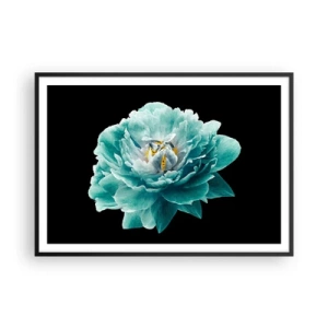Affiche dans un cadre noir - Poster - Fleur de pivoine turquoise sur fond noir - 100x70cm - Pétales bleus et dorés - Décoration murale moderne pour le salon et la chambre ARTTOR