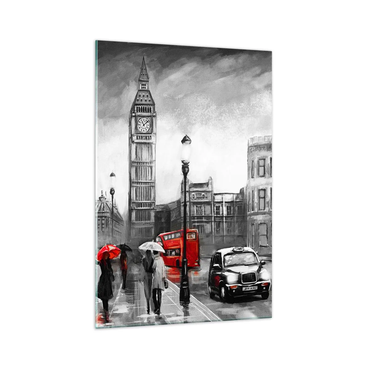Impression sur verre - Image sur verre - Une scène londonienne en noir et blanc avec des accents rouges - 70x100cm - Pas du tout une ville grise - Décoration murale moderne pour le salon et la chambre ARTTOR
