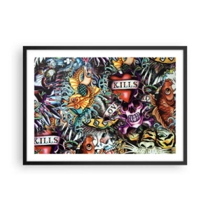 Affiche dans un cadre noir - Poster - Œuvre d'art colorée de style tatouage avec des crânes et des motifs nautiques - 70x50cm - Le rêve du tatoueur - Décoration murale moderne pour le salon et la chambre ARTTOR