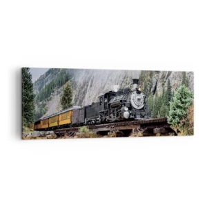 Impression sur toile - Image sur toile - Une locomotive à vapeur sur un pont dans un paysage de montagne pittoresque - 140x50cm - Et lui jusqu'où? Jusqu'où? - Décoration murale moderne pour le salon et la chambre ARTTOR