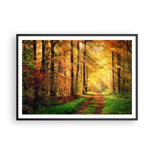 Affiche dans un cadre noir - Poster - Un chemin forestier entouré d'arbres dorés et verts - 100x70cm - Silence d'or en forêt - Décoration murale moderne pour le salon et la chambre ARTTOR