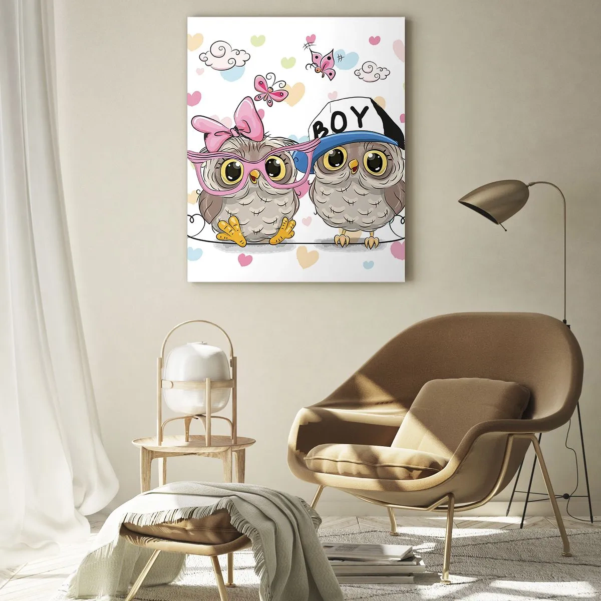 Impression sur verre - Image sur verre - Une paire de hiboux joyeux dans une composition pastel - 50x70cm - On s'aime! - Décoration murale moderne pour le salon et la chambre ARTTOR