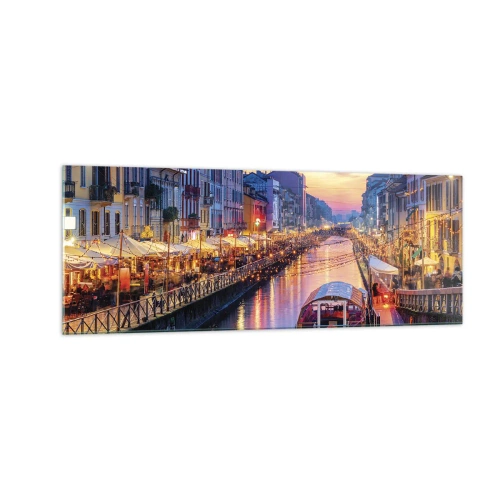 Impression sur verre - Image sur verre - Un canal éclairé entouré de bâtiments colorés - 140x50cm - Soirée de lumière et de jeu - Décoration murale moderne pour le salon et la chambre ARTTOR