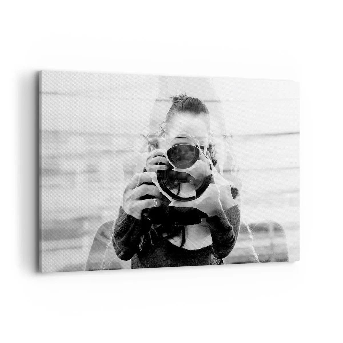 Impression sur toile - Image sur toile - Portrait en double exposition noir et blanc d'un photographe - 100x70cm - Créateur et matériel - Décoration murale moderne pour le salon et la chambre ARTTOR