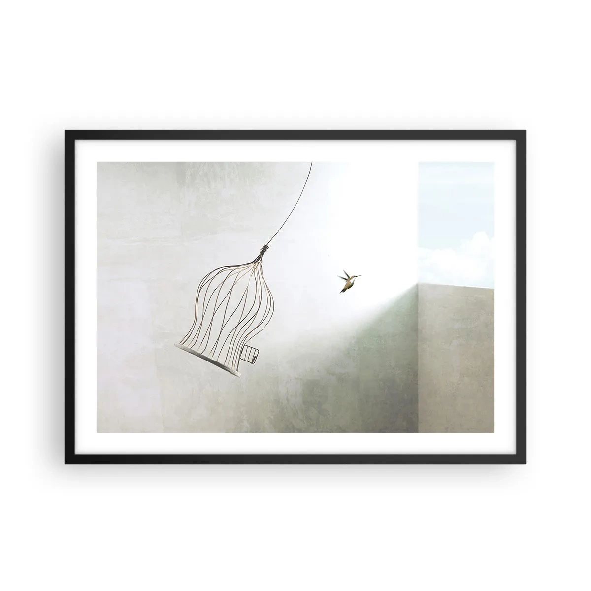 Affiche dans un cadre noir - Poster - Un oiseau libéré d'une cage sur fond de ciel lumineux - 70x50cm - Dans son élément - Décoration murale moderne pour le salon et la chambre ARTTOR