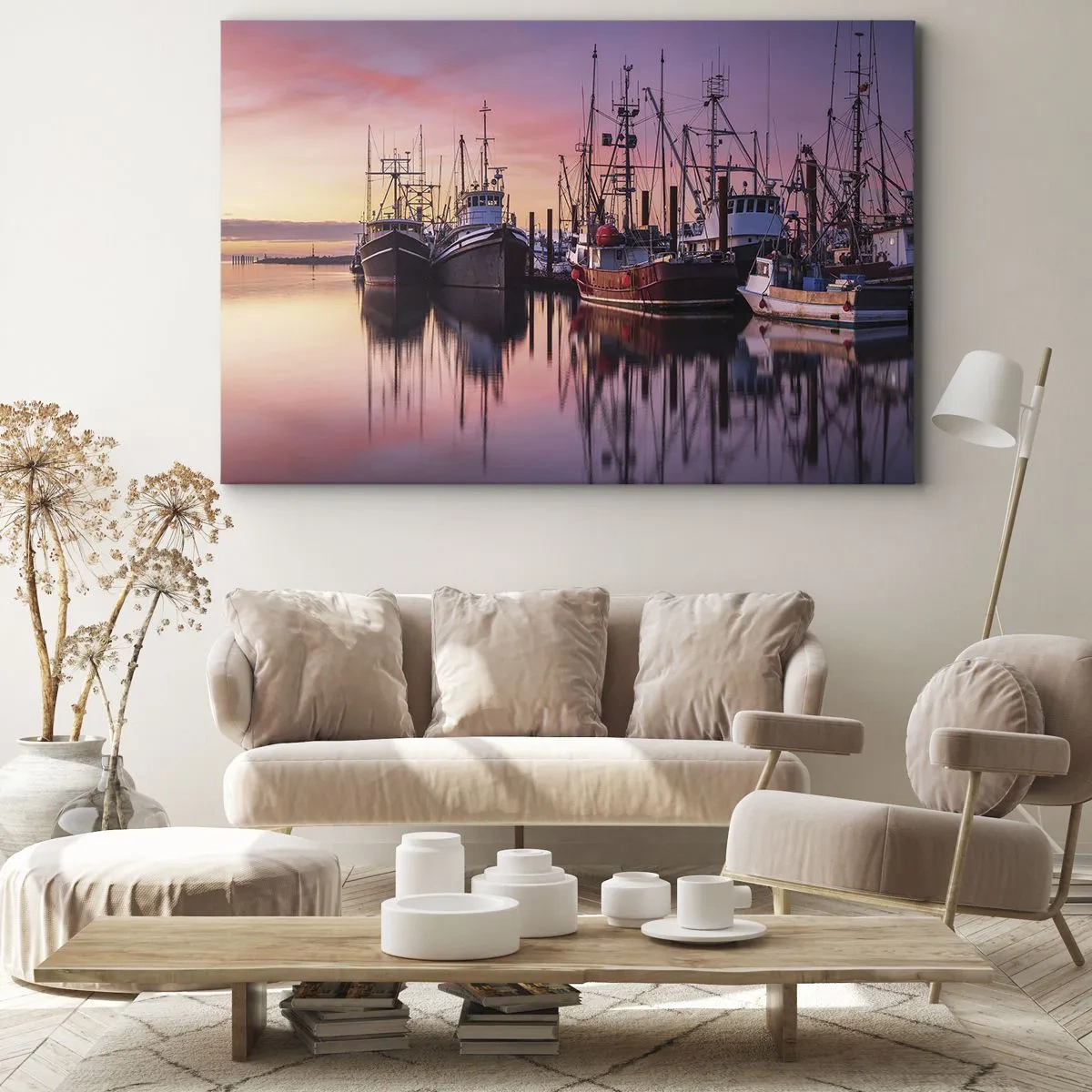 Impression sur toile - Image sur toile - Bateaux de pêche dans le port au coucher du soleil - 70x50cm - Avant le jour suivant - Décoration murale moderne pour le salon et la chambre ARTTOR